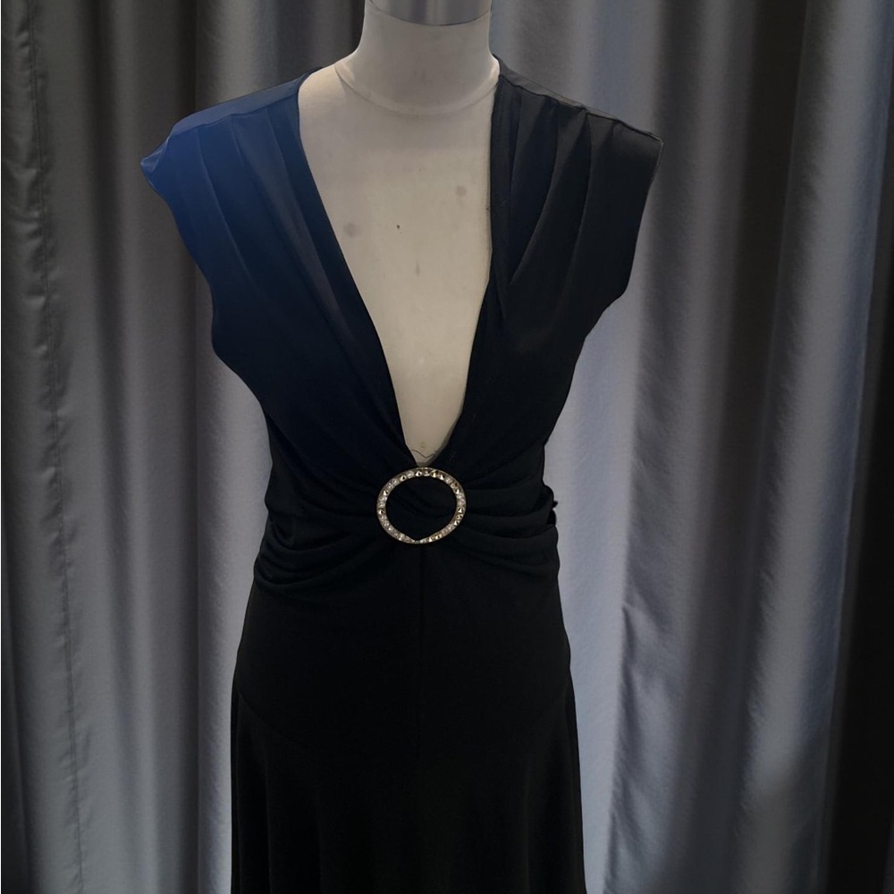 By Choice Vintage Size Large Black Cocktail Rhinestone O Ring Midi Dress - Picture 8 of 14